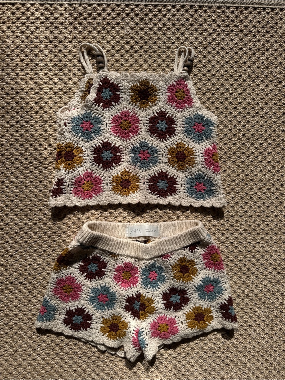 Zara Girls Cream Crochet Floral Tank & Shorts Set size 4 years